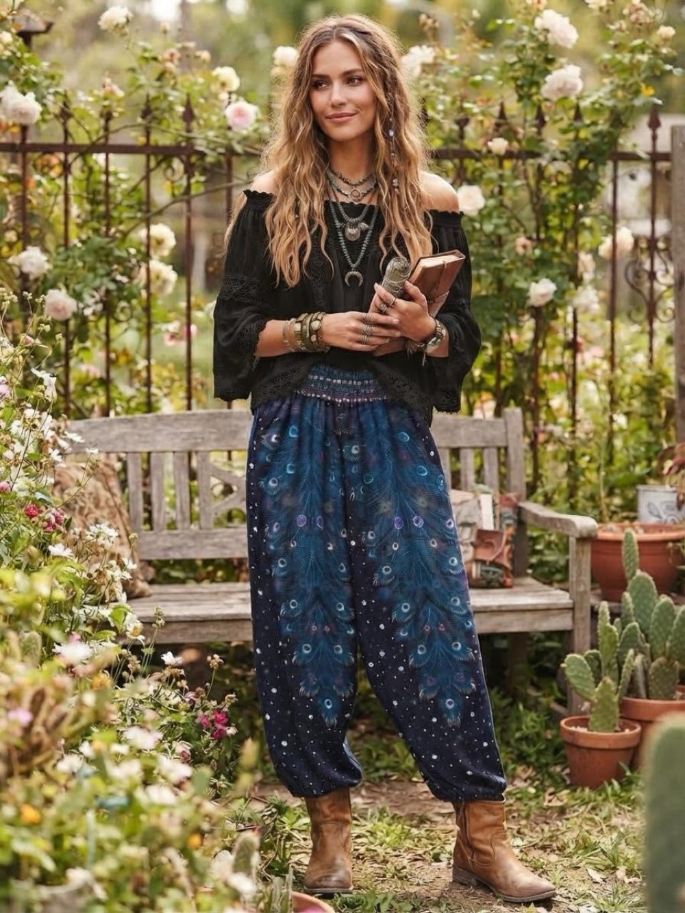 Boho Pants Peacock Feather Harem Pants | Smocked High Waist | Size Large